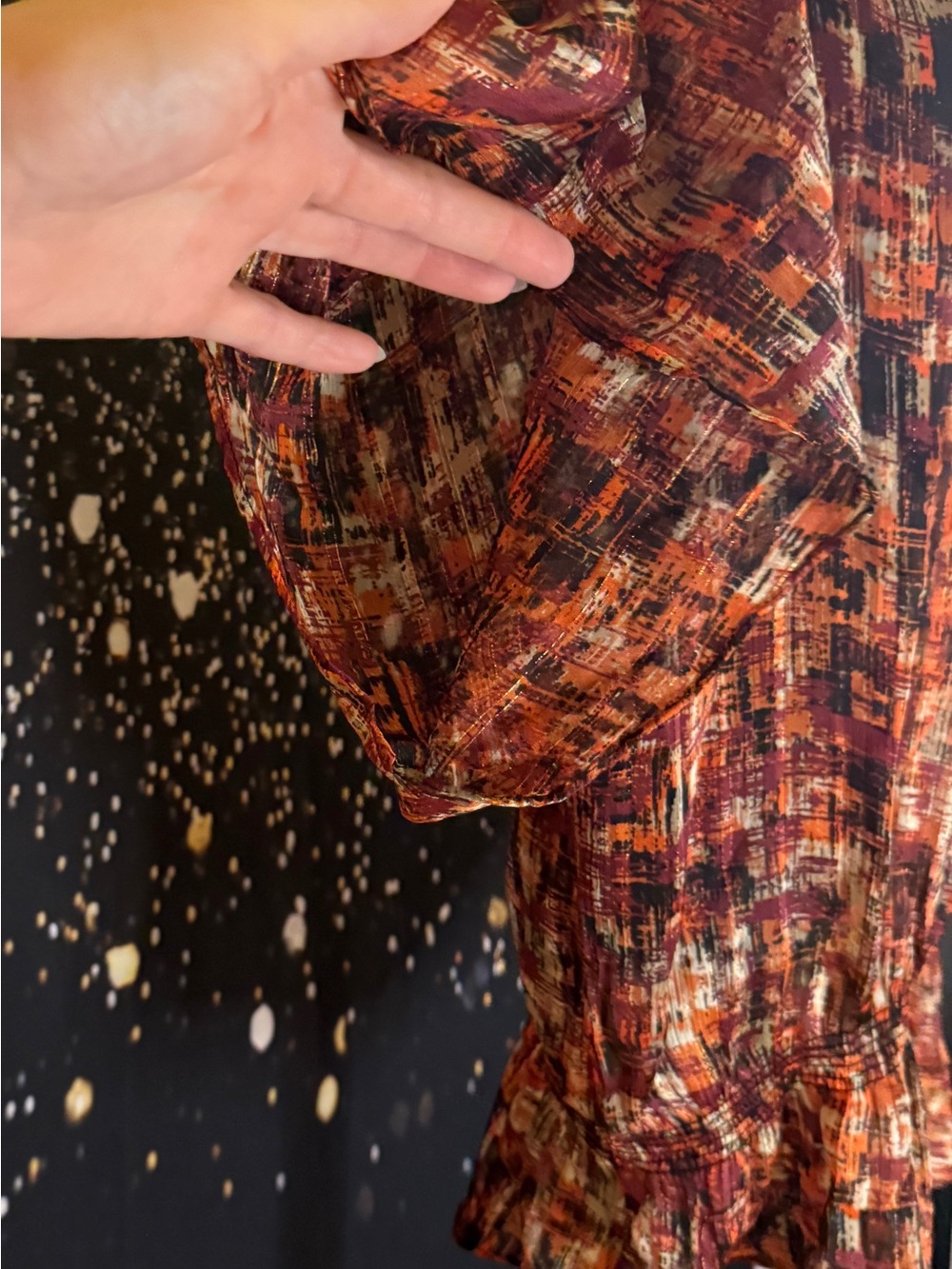 Madison Multicolor Orange & Burgundy Printed Blouson Top - Picture 2 of 6